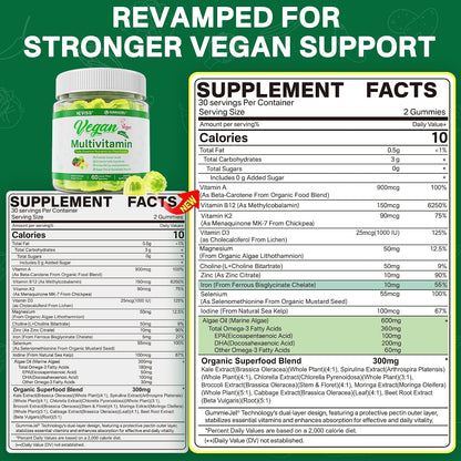 NEVISS Vegan Multivitamin Gummies (2 Pack) – Sugar-Free, Whole Food Vitamins for Women & Men with Methyl B12, D3 K2, Omega-3, Iron, Choline & Zinc