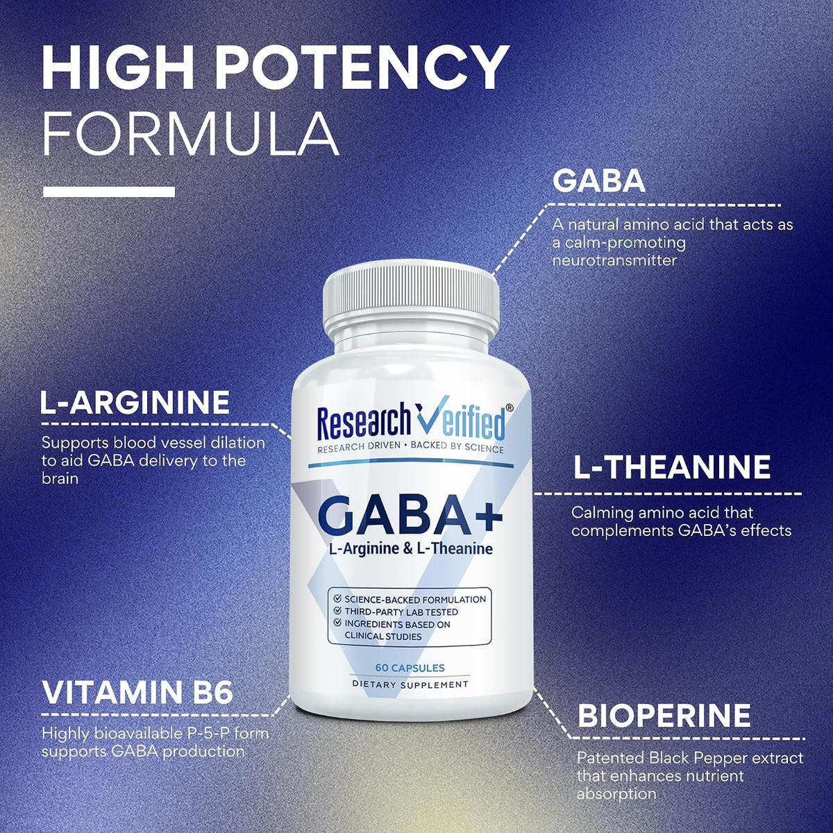 Research Verified GABA+ - Relaxation, Mood & Sleep Support - 600mg GABA, L-Arginine, L-Theanine, P5P, BioPerine - 60 Vegan Capsules (Pack of 3) - görsel 3