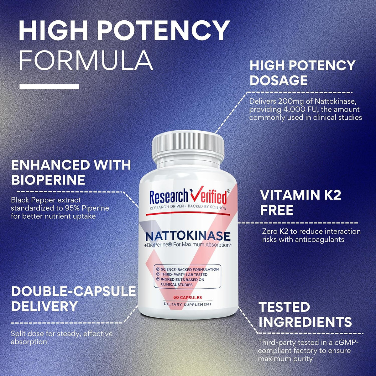 Research Verified Nattokinase - 4000 FU - Circulatory Support - BioPerine, No Vitamin K2 - 60 Capsules - Pack of 1 - görsel 3
