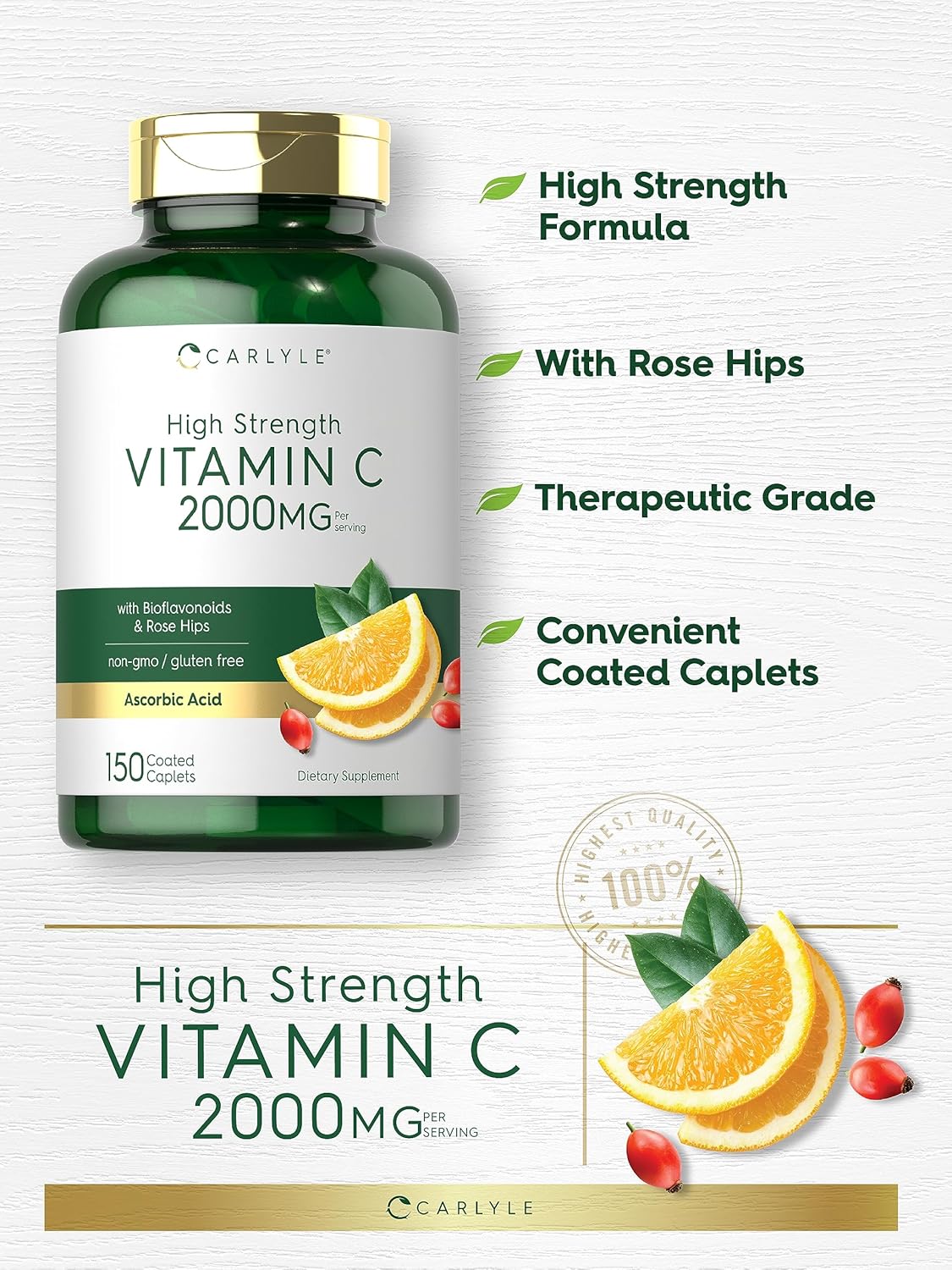 Carlyle Vitamin C 2000mg with Rose Hips - 150 Caplets | Vegetarian, Non-GMO, Gluten-free - görsel 3