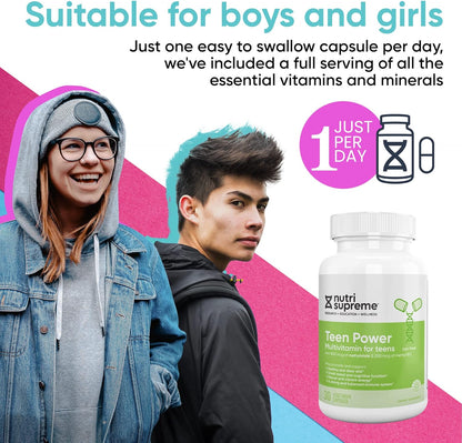 Nutri Supreme Teen Multivitamin for Boys and Girls Aged 12-17, Kosher One-a-Day Teen Supplement, Formulated for Teen Development and Immune Health, 30 Capsules