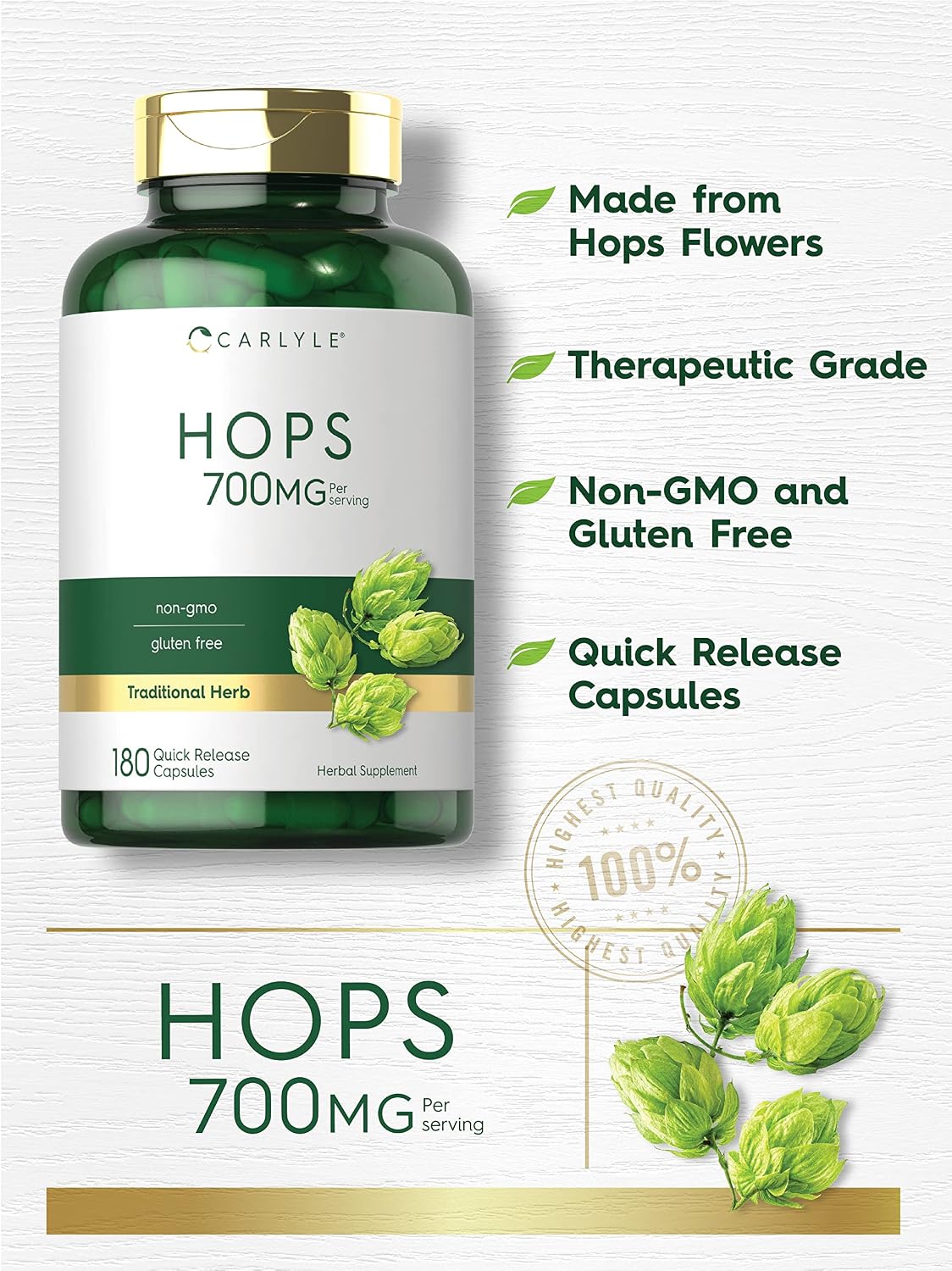 Carlyle Hops Food Supplement 700mg | 180 Capsules | Non-GM & Gluten-free | Traditional Herb - görsel 3