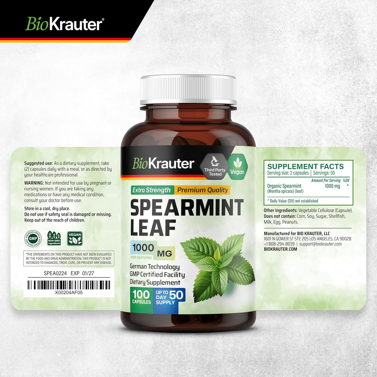 BIO KRAUTER® Spearmint Capsules – Vegan Pure Spearmint Supplement 1000 mg - görsel 7