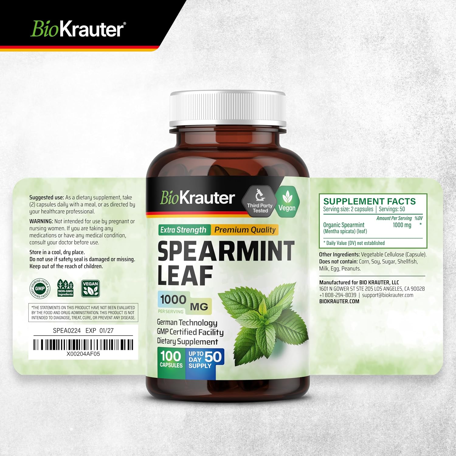 BIO KRAUTER® Spearmint Capsules – Vegan Pure Spearmint Supplement 1000 mg - görsel 7
