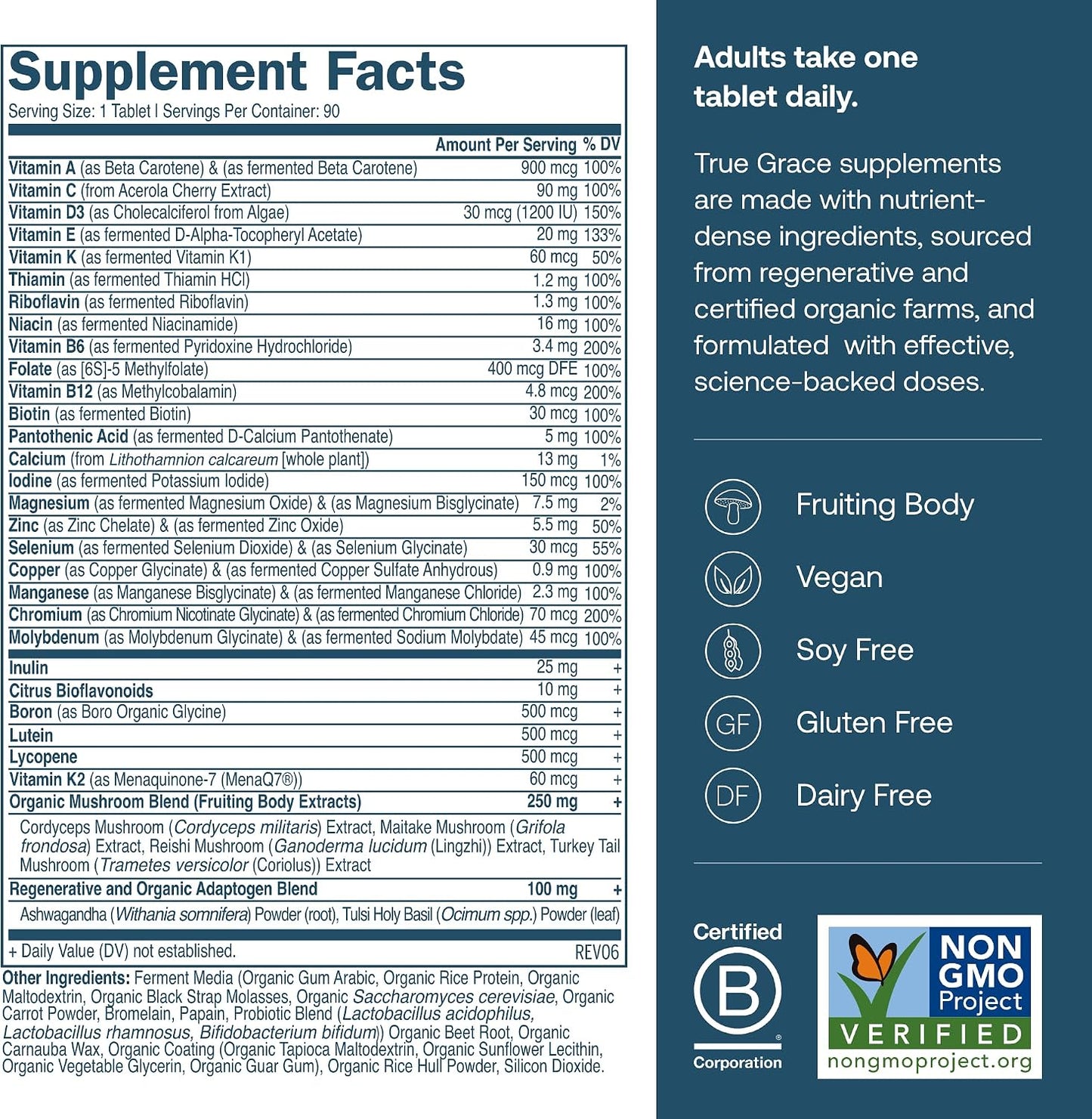 True Grace One Daily Men’s Multivitamin - Fermented Minerals, Organic Adaptogens & Mushrooms - 90 Vegan Tablets - görsel 2
