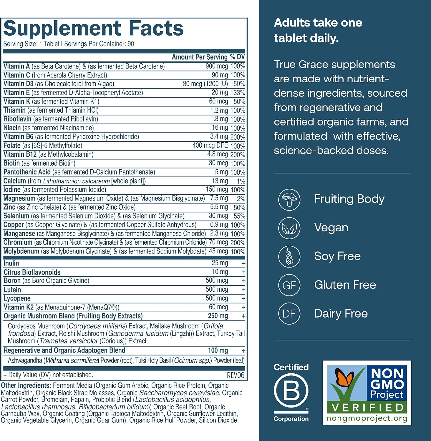 True Grace One Daily Men’s Multivitamin - Fermented Minerals, Organic Adaptogens & Mushrooms - 90 Vegan Tablets - görsel 2