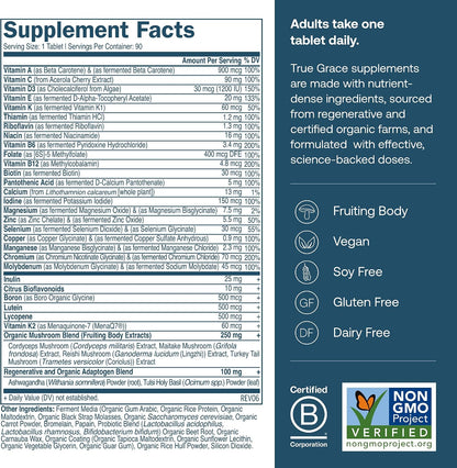 True Grace One Daily Men’s Multivitamin - Fermented Minerals, Organic Adaptogens & Mushrooms - 90 Vegan Tablets