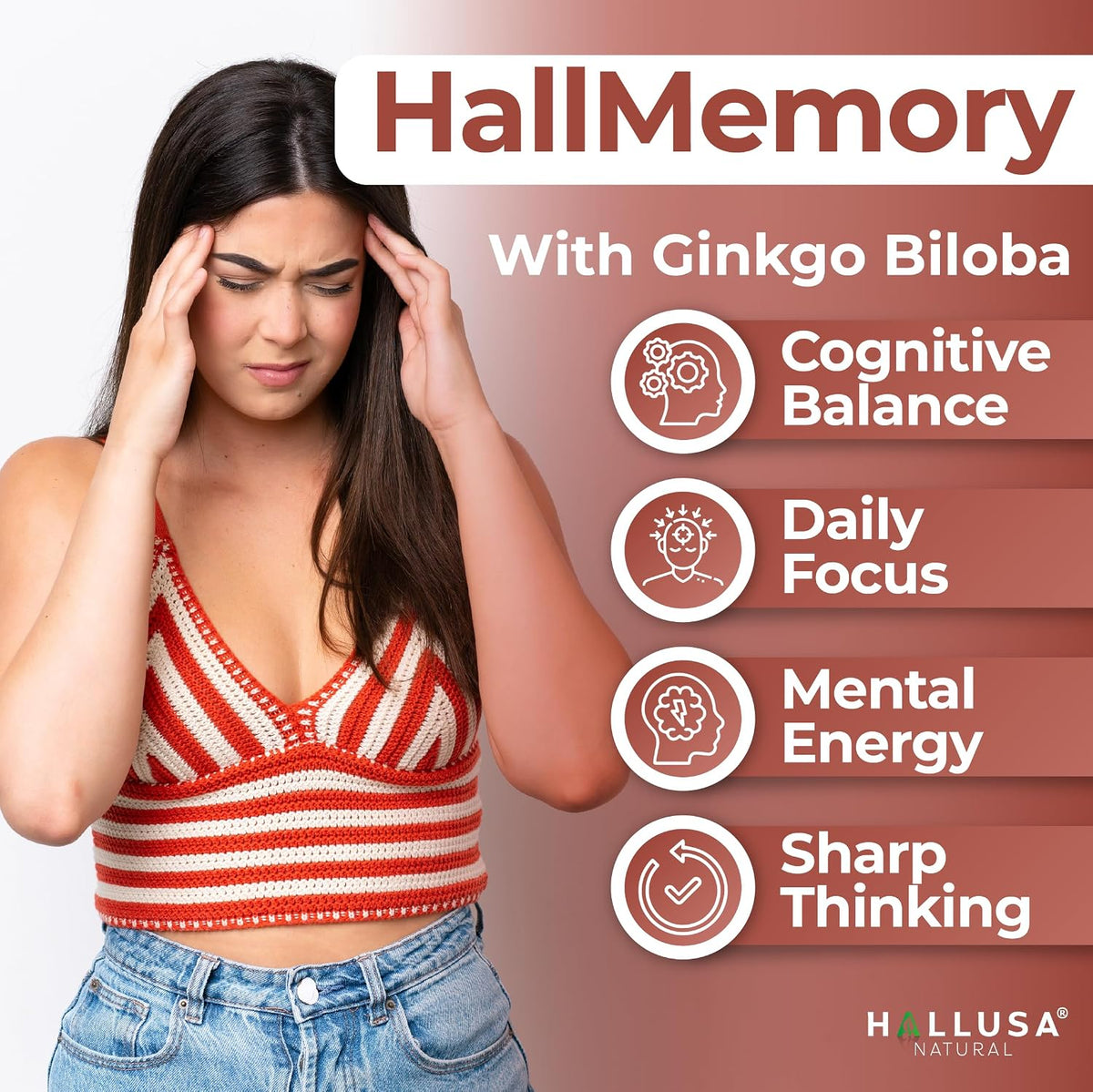 Hallusa Natural Brain Health Supplement - Cognitive Support for Memory and Focus with Ginkgo Biloba, Choline, L-Glutamic Acid and Vitamin B Complex - 60 Capsules - görsel 5
