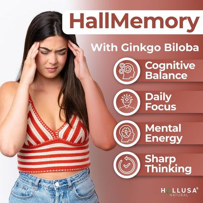 Hallusa Natural Brain Health Supplement - Cognitive Support for Memory and Focus with Ginkgo Biloba, Choline, L-Glutamic Acid and Vitamin B Complex - 60 Capsules
