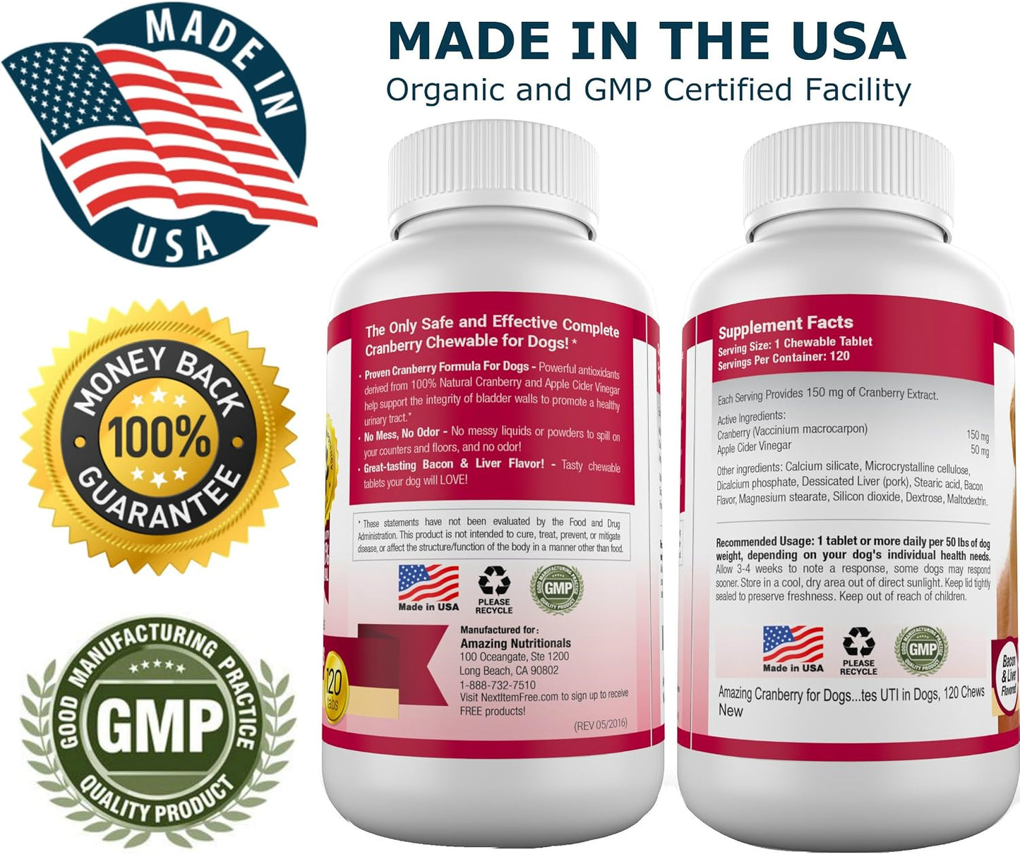 Amazing Nutritionals Cranberry Supplement for Dogs – Urinary Tract & Bladder Support – 120 Cranberry Chews with Apple Cider Vinegar – Bacon Flavour - görsel 5