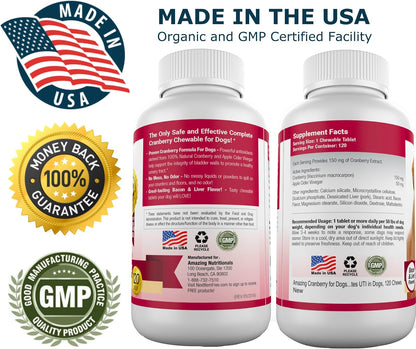 Amazing Nutritionals Cranberry Supplement for Dogs – Urinary Tract & Bladder Support – 120 Cranberry Chews with Apple Cider Vinegar – Bacon Flavour