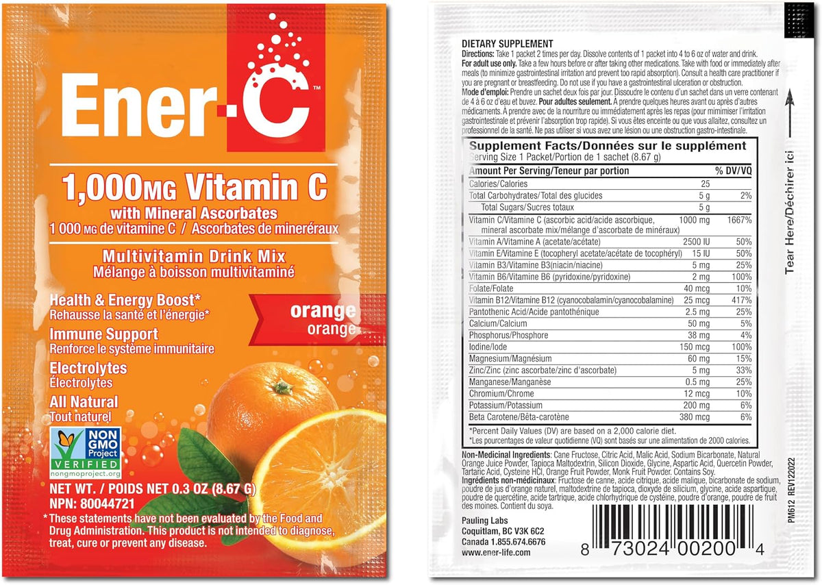 Ener-C Multivitamin Drink Mix, Immune Booster for Adults - Orange, 60 Count | Vitamin Packets for Water, Electrolytes Powder Packets, Vitamin Drink Mix, Hydration Liquid Mix - görsel 9