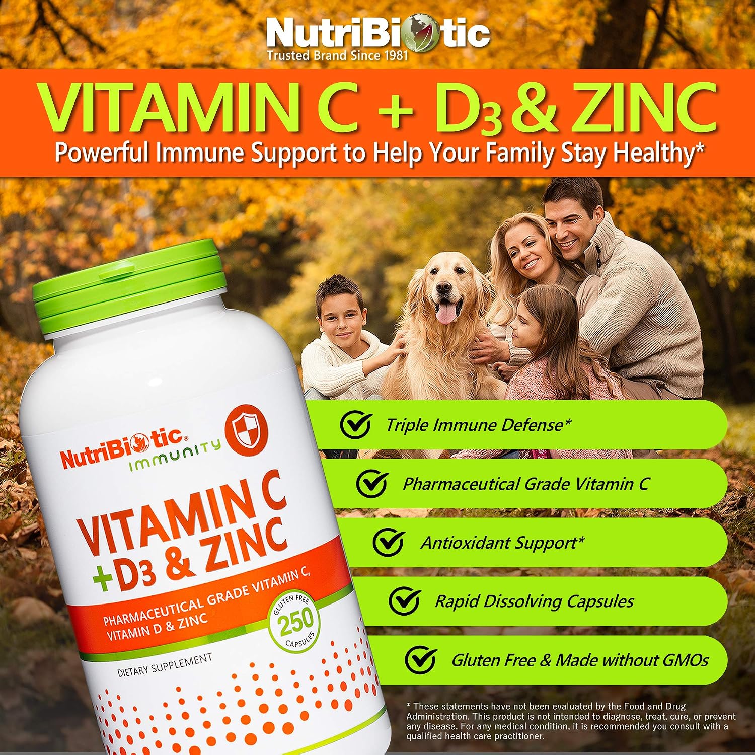 NutriBiotic Vitamin C + D3 & Zinc, 250 Capsules - görsel 2