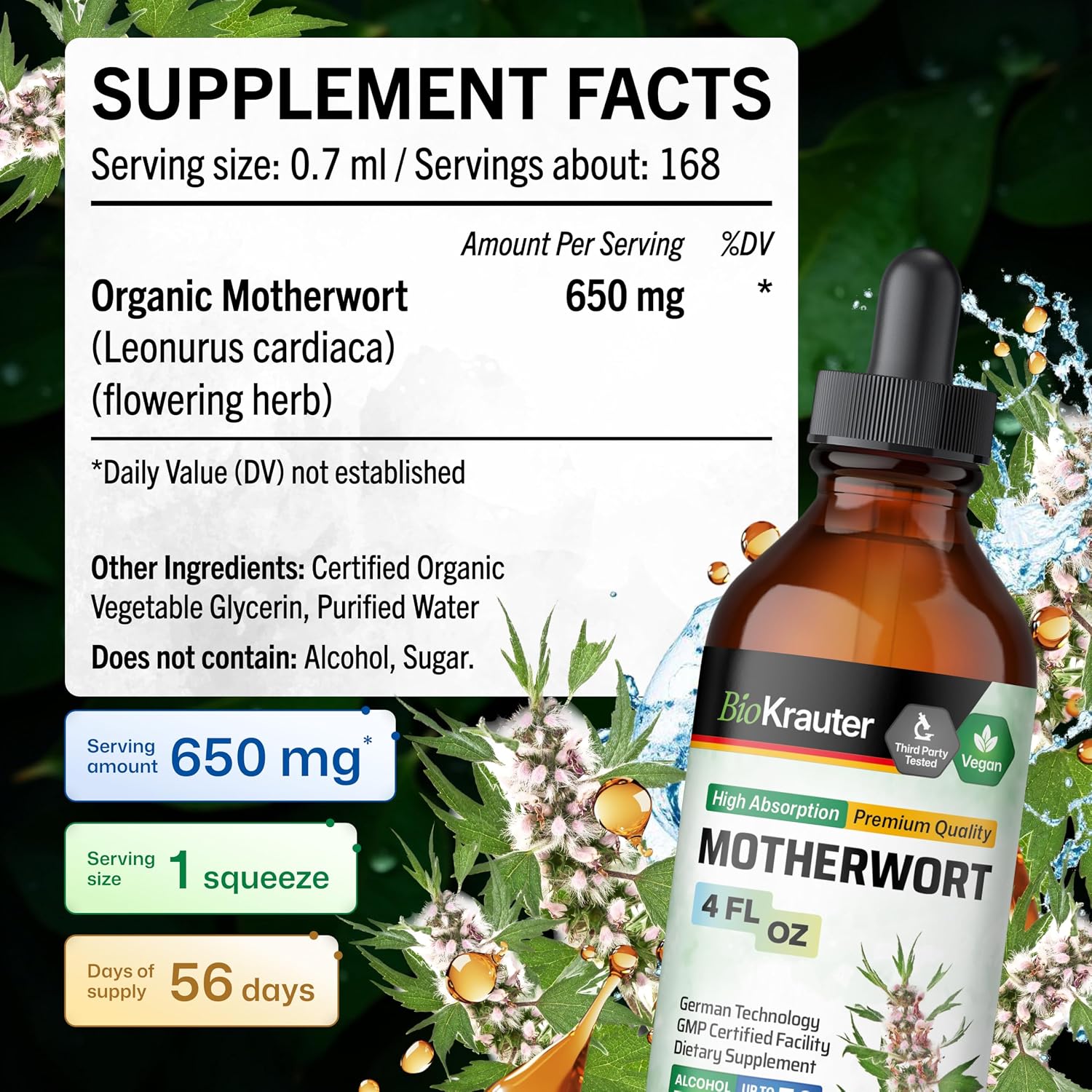 BIO KRAUTER Perimenopause & Menopause Supplements for Women - Vegan Motherwort Tincture 118 ml - görsel 4