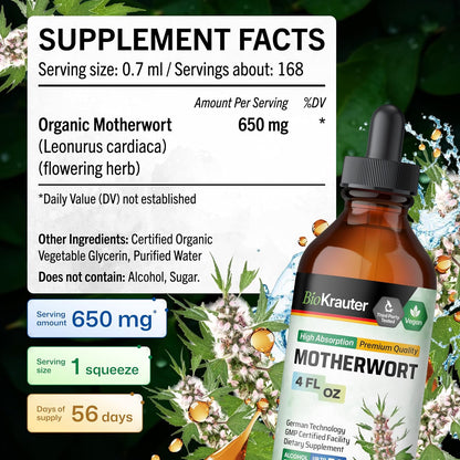 BIO KRAUTER Perimenopause & Menopause Supplements for Women - Vegan Motherwort Tincture 118 ml