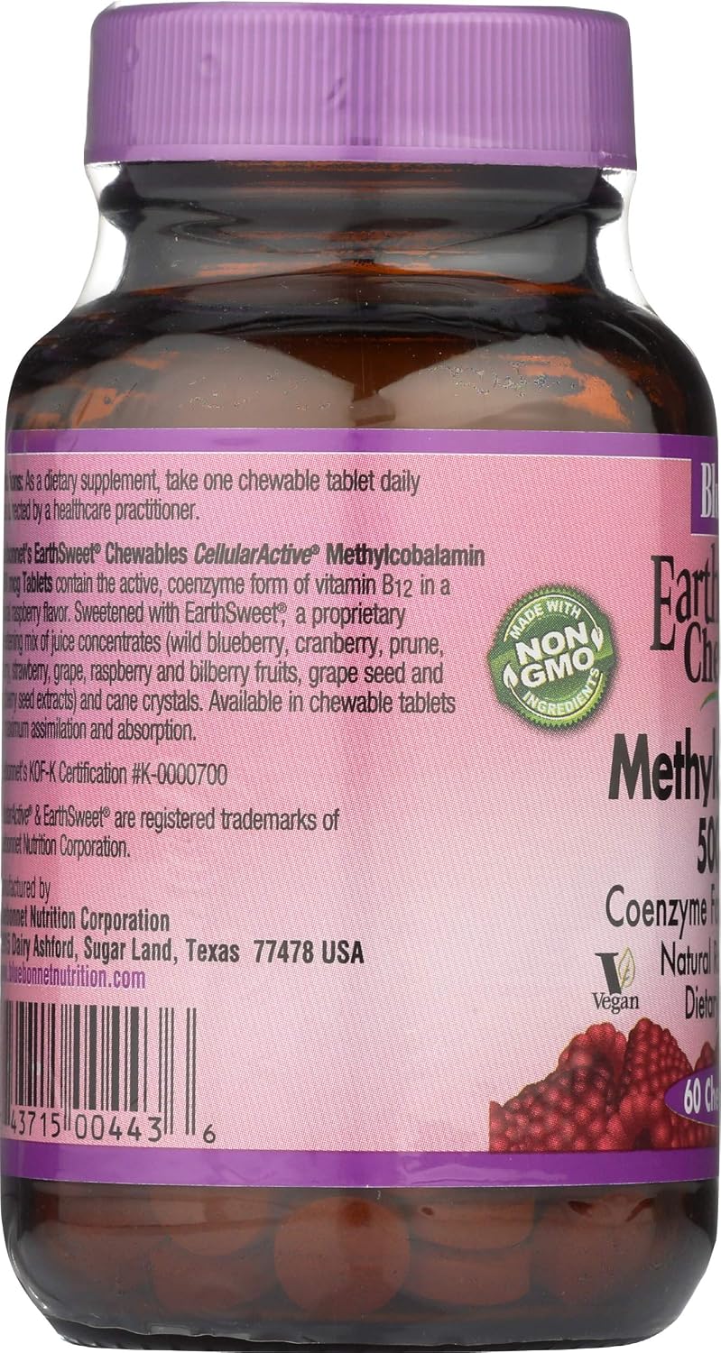 BlueBonnet Nutrition Earth Sweet® Chewables, CellularActive® Methylcobalamin, Raspberry, 5,000 mcg, 60 Chewable Tablets - görsel 5