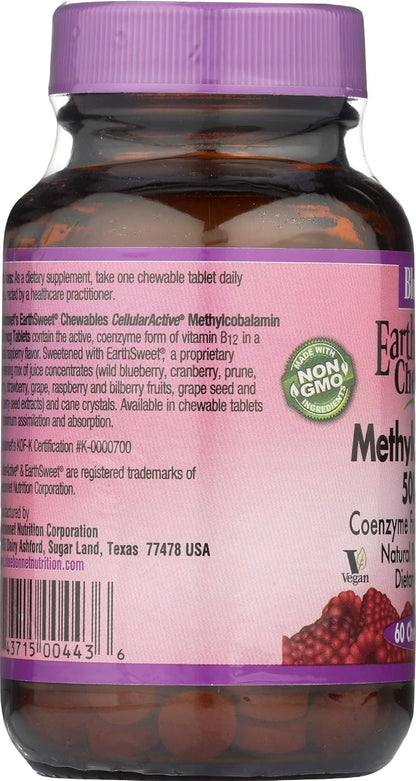 BlueBonnet Nutrition Earth Sweet® Chewables, CellularActive® Methylcobalamin, Raspberry, 5,000 mcg, 60 Chewable Tablets
