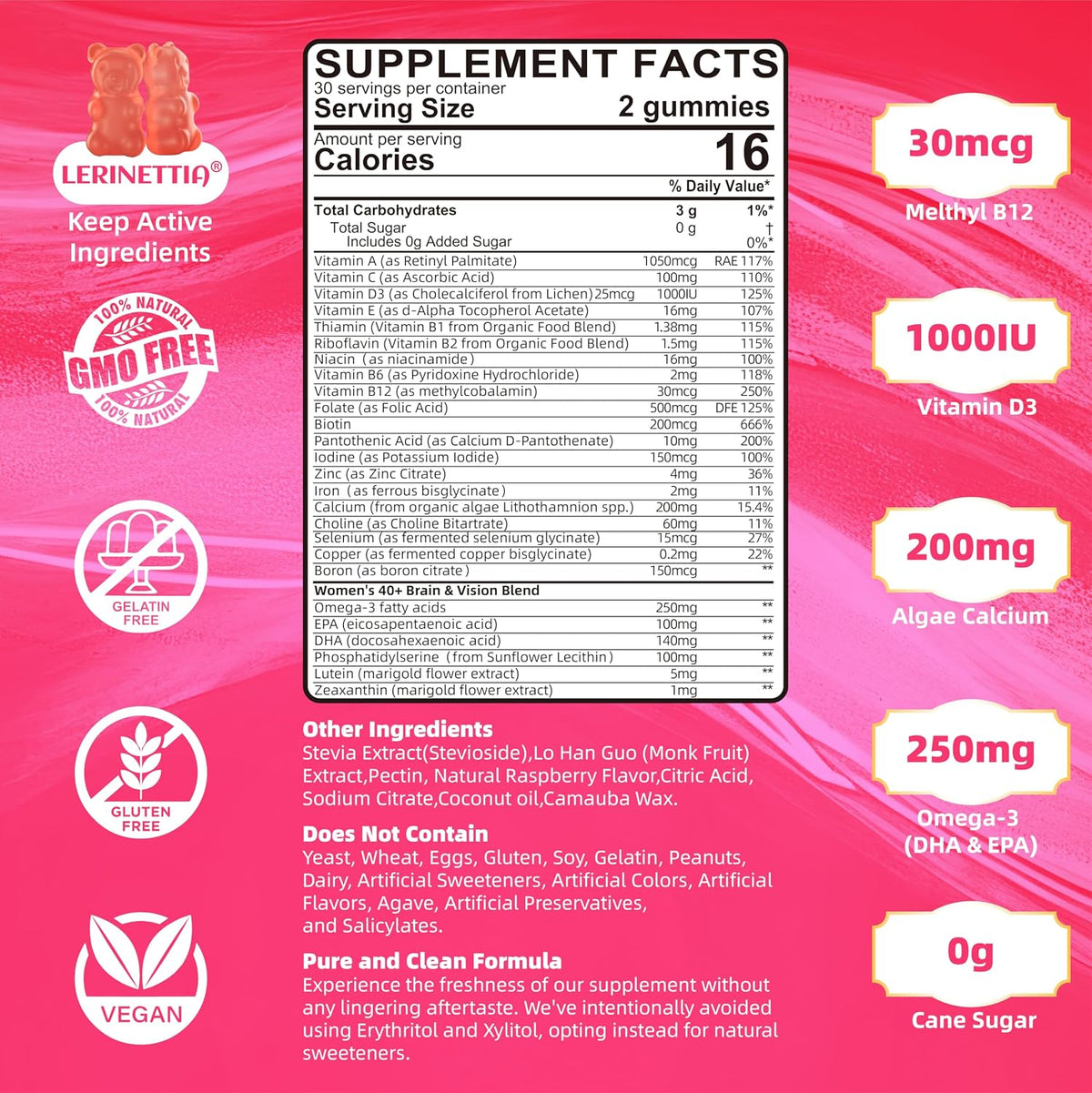 Lerinettia Multivitamin for Women 40+ Gummies with Omega-3, Iron, and B-Complex - Vegan, Sugar-Free (60 Gummies) - görsel 3