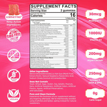 Lerinettia Multivitamin for Women 40+ Gummies with Omega-3, Iron, and B-Complex - Vegan, Sugar-Free (60 Gummies)