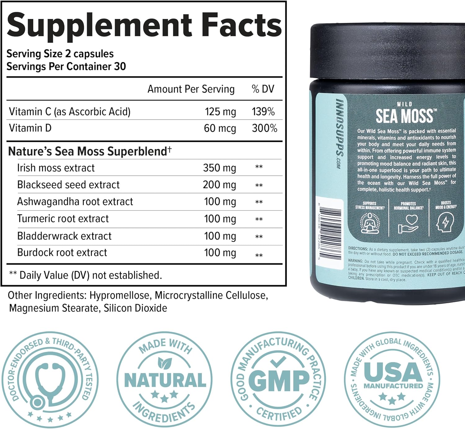 InnoSupps Wild Sea Moss Capsules - Immune Support Food Supplement for Vitality and Gut Health - Daily Minerals for Men and Women (30 Servings) - görsel 7