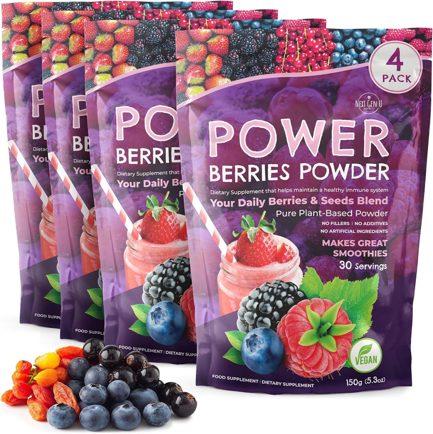 Super Berry Powder - 4 Pack, 150g Each - Immune Support - Food Supplement - Superfood Berries - Smoothie Mix for Shakes - Healthy Boost for Detox Juice Beverages or Any Drink - by NextGenU - görsel 1