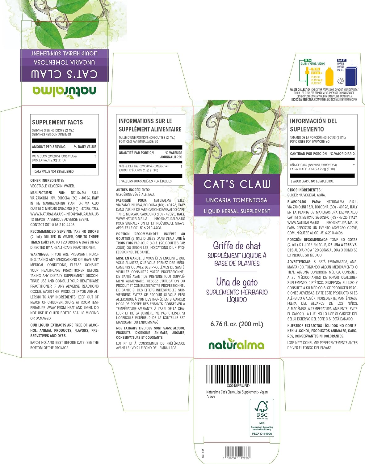 Naturalma Cat's Claw (Uncaria tomentosa) Bark Alcohol-Free Tincture - 200 ml Liquid Extract - görsel 2