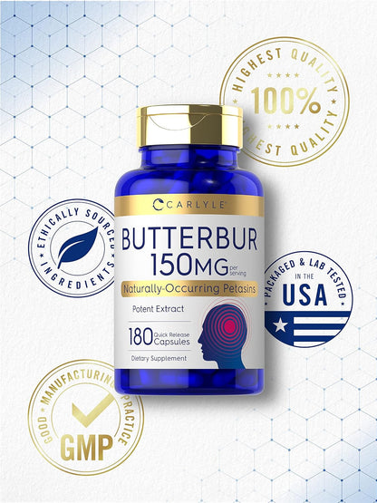 Carlyle Butterbur Supplement 150 mg – PA-Free Leaf Extract – 180 Capsules