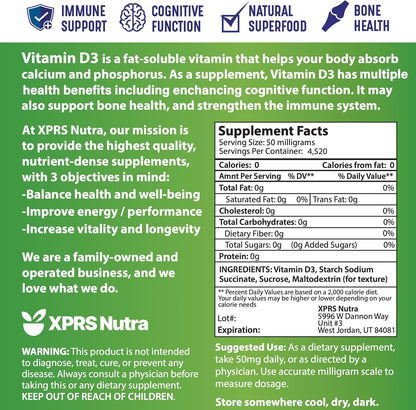 XPRS Nutra Vitamin D3 Powder (Cholecalciferol) - Unflavoured Vitamin D for Bones and Immunity - 227g