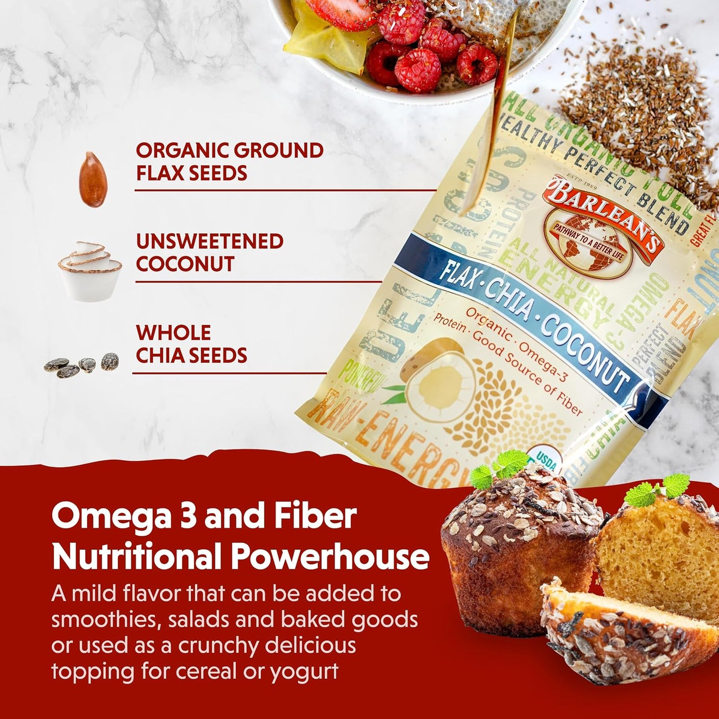 Barlean's Organic Flax Chia Coconut Seed Blend with Omega-3 and Fibre, 340 g - görsel 3