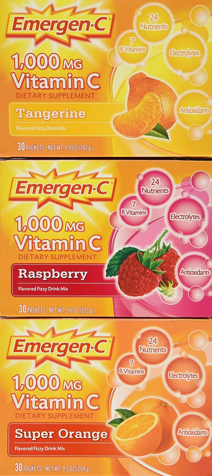 Emergen-C Vitamin C 1000mg, 90 Sachets, 3 Variety Cartons