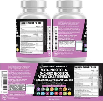 Clean Nutraceuticals Myo-Inositol & D-Chiro Inositol 2050mg Fertility Supplement 40:1 Ratio - Antenatal Vitamins for Women with Ashwagandha Maca Root Vitex Chasteberry Iron DHA Folic Acid DIM Zinc (1)