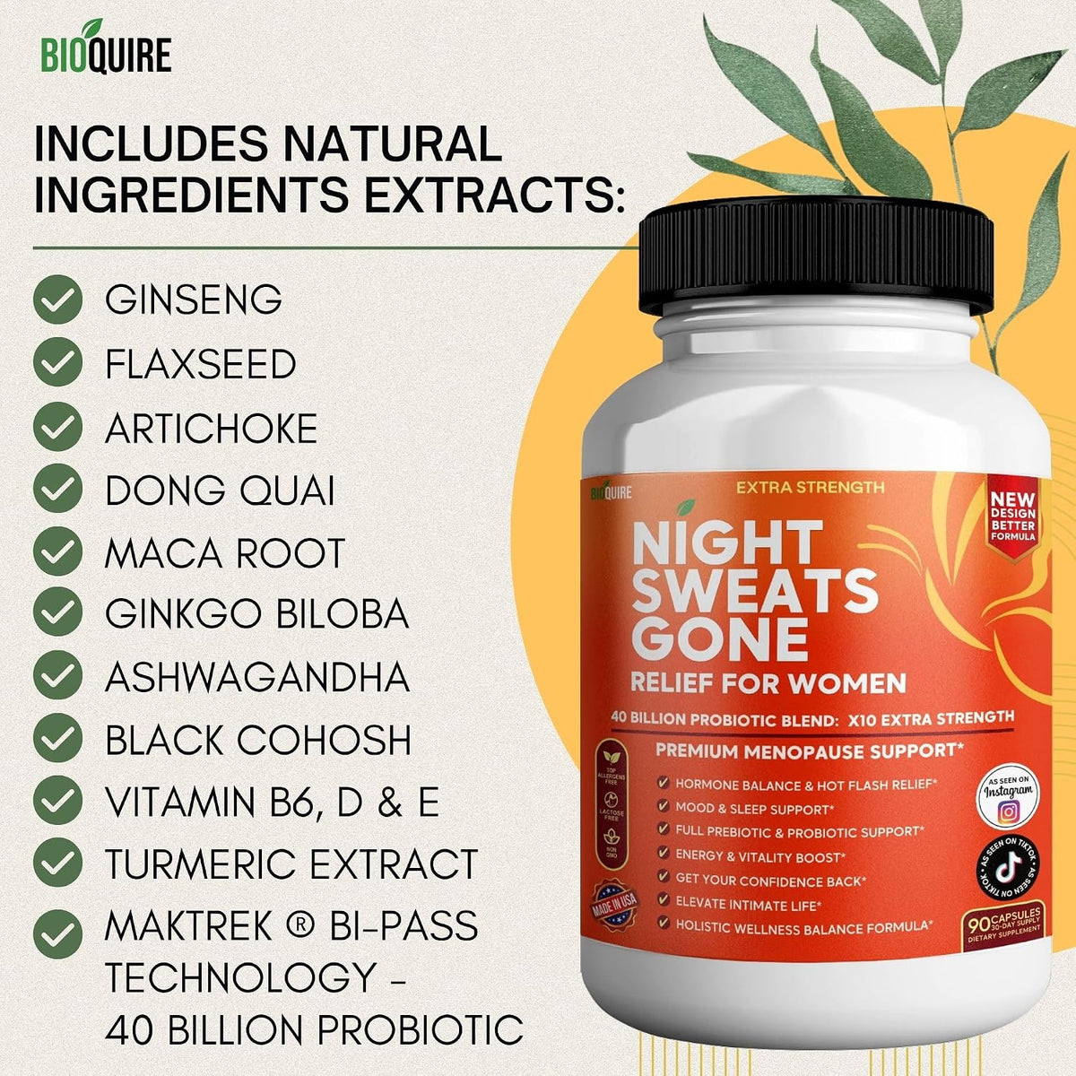 BIOQUIRE Night Sweats Gone - Menopause Relief for Women - 40 Billion Probiotic Blend - 90 Capsules - görsel 8