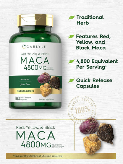Carlyle Maca Root Capsules - 180 Capsules, High Potency Extract, Non-GMO & Gluten-free Supplement