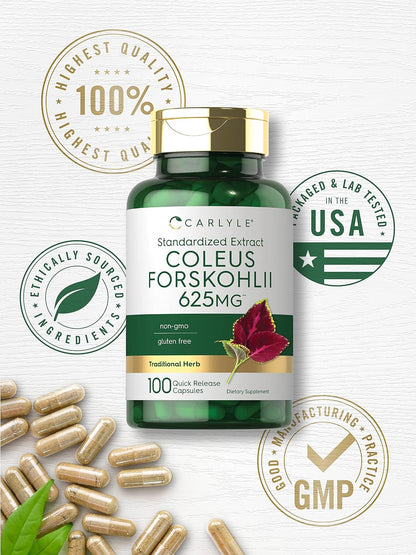Carlyle Coleus Forskohlii Capsules | 100 Capsules | Standardised Forskolin Extract Supplement | Non-GMO & Gluten-free