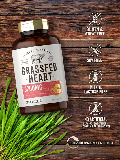 Carlyle Grass Fed Beef Heart Supplement - 3200mg - 200 Count - Desiccated Pasture Raised Bovine Capsules - Non-GMO, Gluten-free
