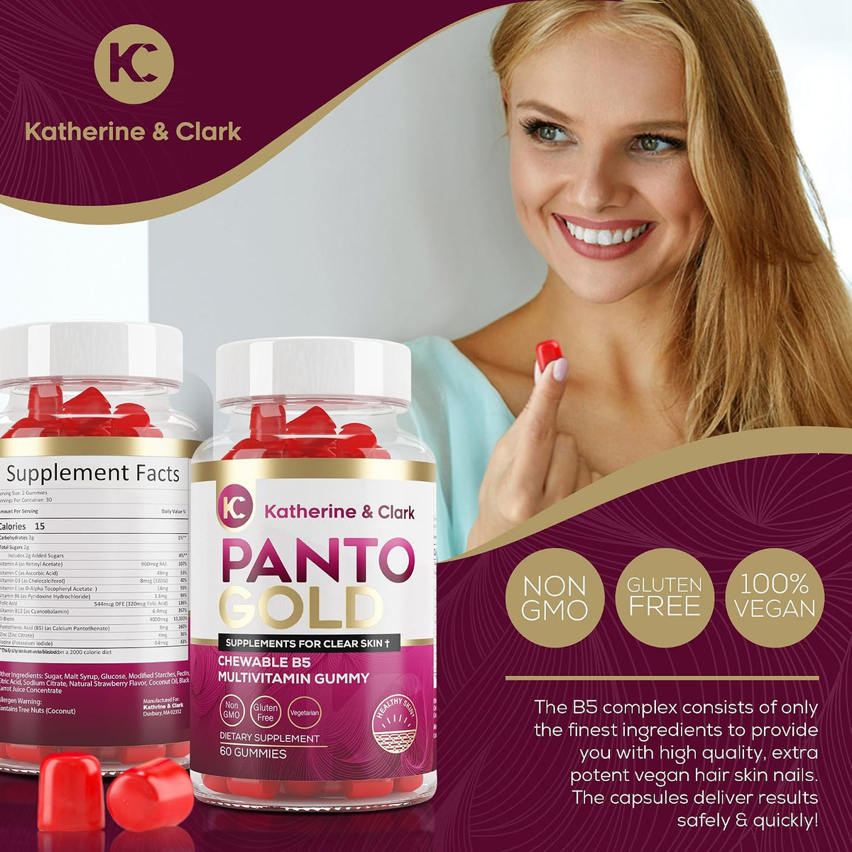 Katherine & Clark Panto Gold Vitamin B5 Pantothenic Acid Gummies for Acne - Hair Skin and Nails - Biotin, Zinc, Folic Acid - 60 Count - görsel 4