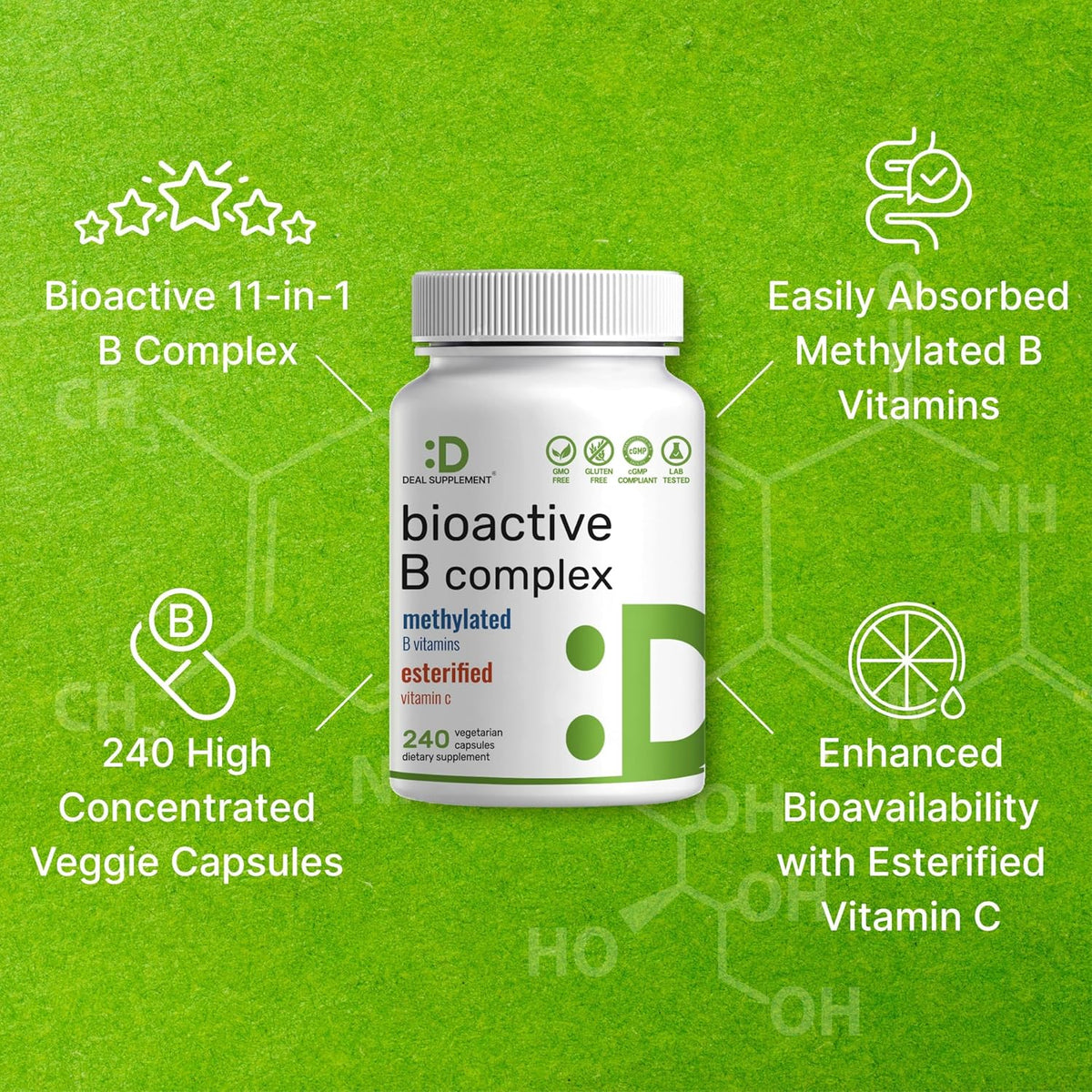 Bioactive Vitamin B Complex with Methylated B Vitamins & Vitamin C - 240 Vegetable Capsules - görsel 4