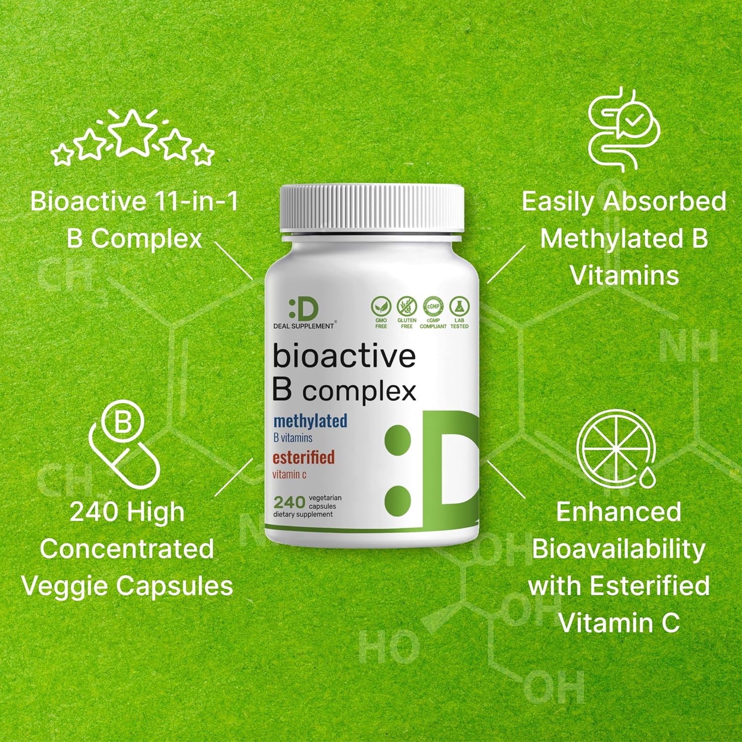 Bioactive Vitamin B Complex with Methylated B Vitamins & Vitamin C - 240 Vegetable Capsules - görsel 4