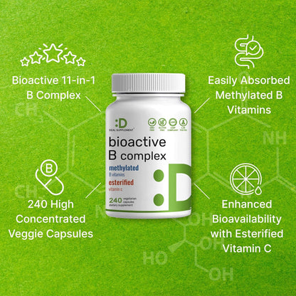 Bioactive Vitamin B Complex with Methylated B Vitamins & Vitamin C - 240 Vegetable Capsules