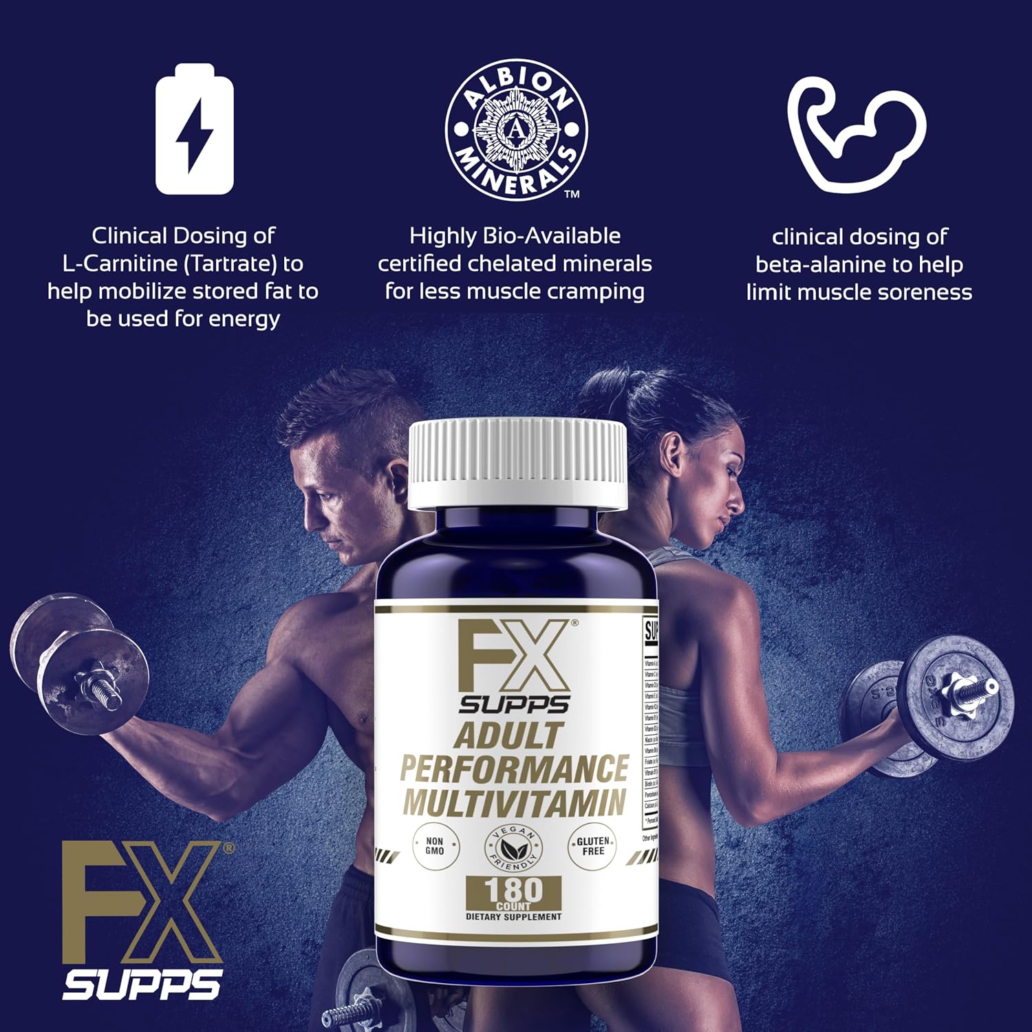 FXSUPPS Performance Multivitamin with Amino Acids, Beta-Alanine and L-Carnitine, Enhanced Performance and Recovery, 180 Tablets – Made in USA - görsel 4