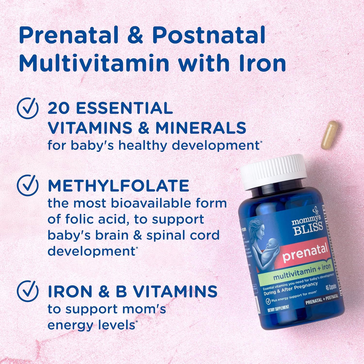 Mommy's Bliss Prenatal Multivitamin with Iron and Folic Acid – Vegan, Gluten-Free, 45 Servings - görsel 3