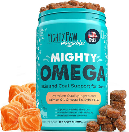 Mighty Paw Waggables Mighty Omega (Made in The USA, 120 Count) | Omega 3 Fish Oil Chew for Dogs. Salmon Flavour Skin and Coat Supplement. Soft Chew Fish Oil for Dogs - DHA & EPA, Bacon Flavour