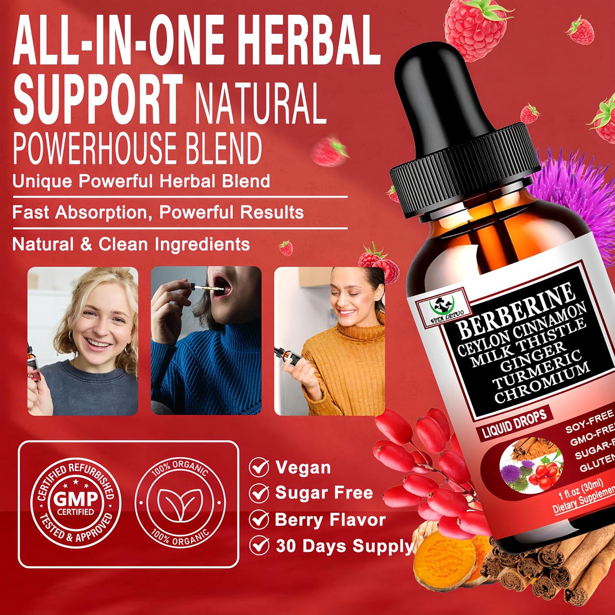 Vita Letuo Berberine Drops, High Absorption 6-in-1 Liquid Berberine Supplement with Ceylon Cinnamon, Milk Thistle, Turmeric and Ginger, 30 Servings - görsel 2