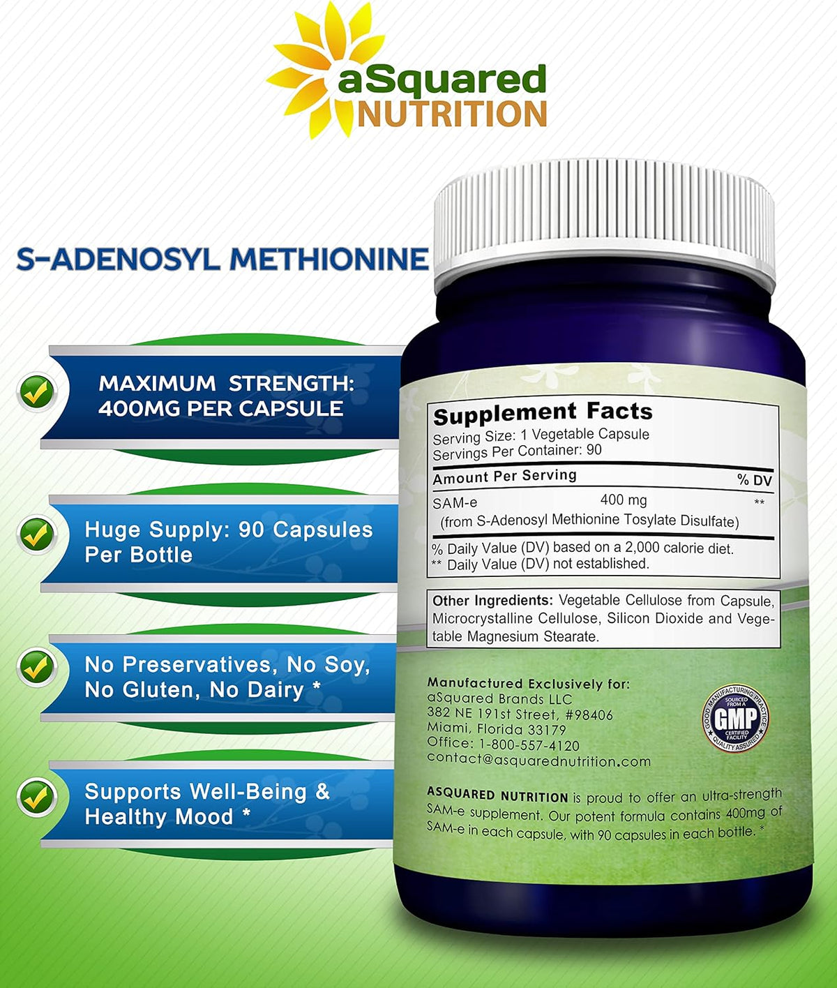 aSquared Nutrition SAM-e 400mg Food Supplement - 90 Capsules - S-Adenosyl Methionine - görsel 6