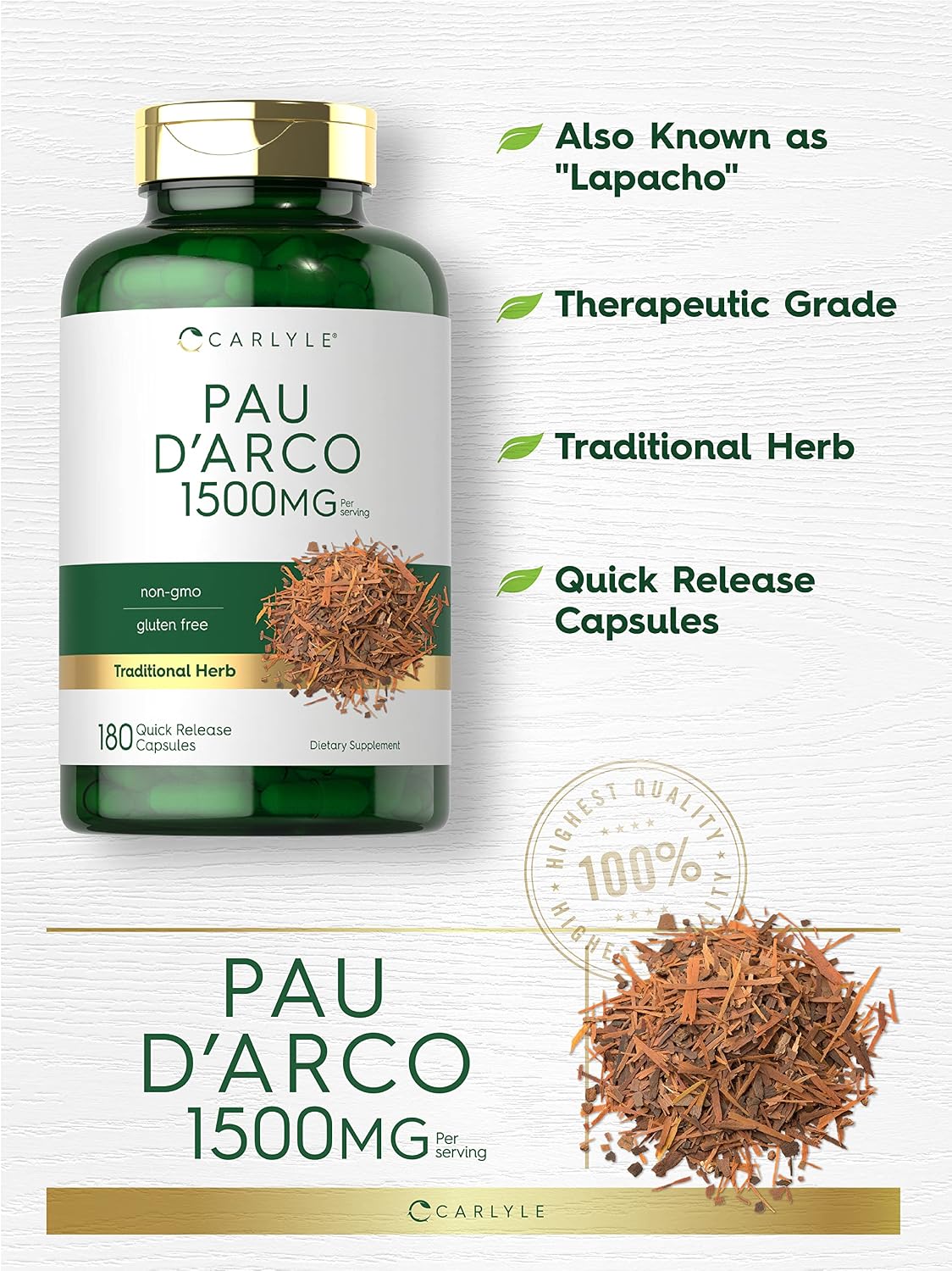 Carlyle Pau D'Arco Capsules | 1500mg | 180 Count | Herbal Supplement - görsel 3