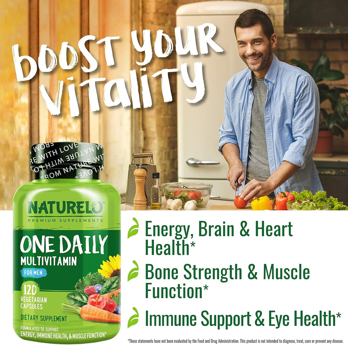NATURELO Men's Multivitamin - One-a-Day with Vitamins, Minerals & Organic Whole Foods, Non-GMO, 120 Vegetarian Capsules - görsel 2