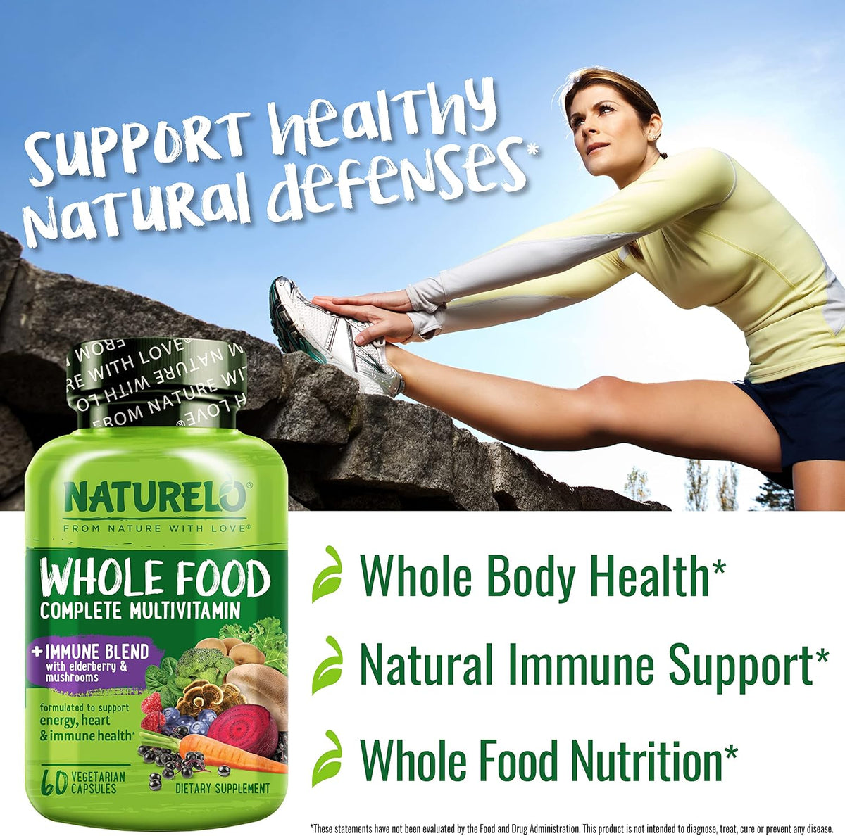 NATURELO Whole Food Multivitamin + Immune Blend with Elderberry & Mushrooms - Complete Multivitamin with Extra Immune Support - 60 Vegan Capsules - görsel 5