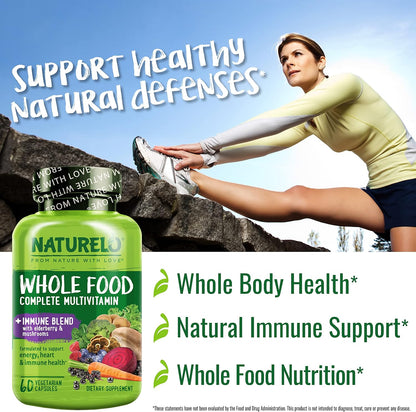NATURELO Whole Food Multivitamin + Immune Blend with Elderberry & Mushrooms - Complete Multivitamin with Extra Immune Support - 60 Vegan Capsules