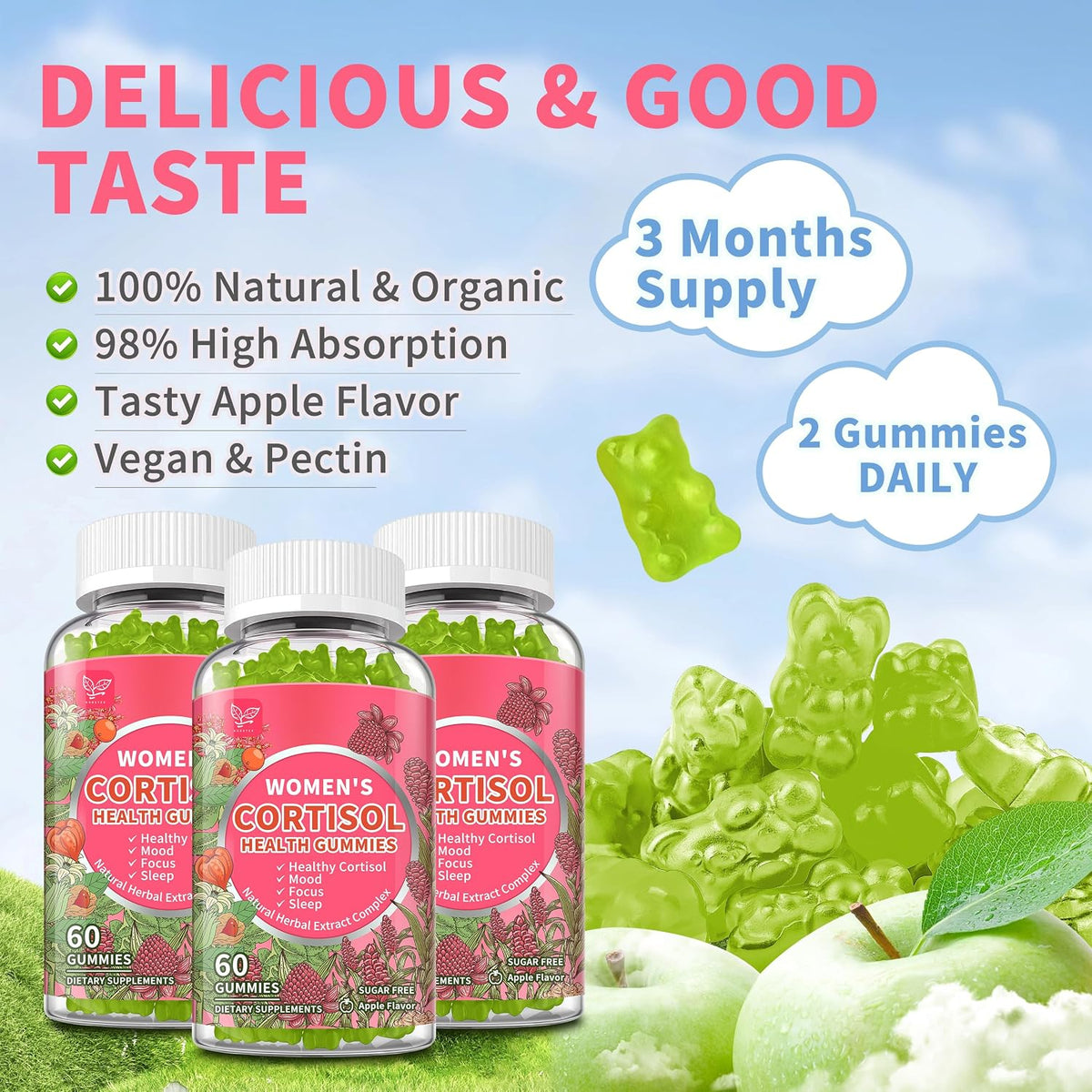 Cortisol Gummies for Women – Ashwagandha, Magnesium, L-Theanine & Rhodiola – Vegan (180 Gummies) - görsel 7