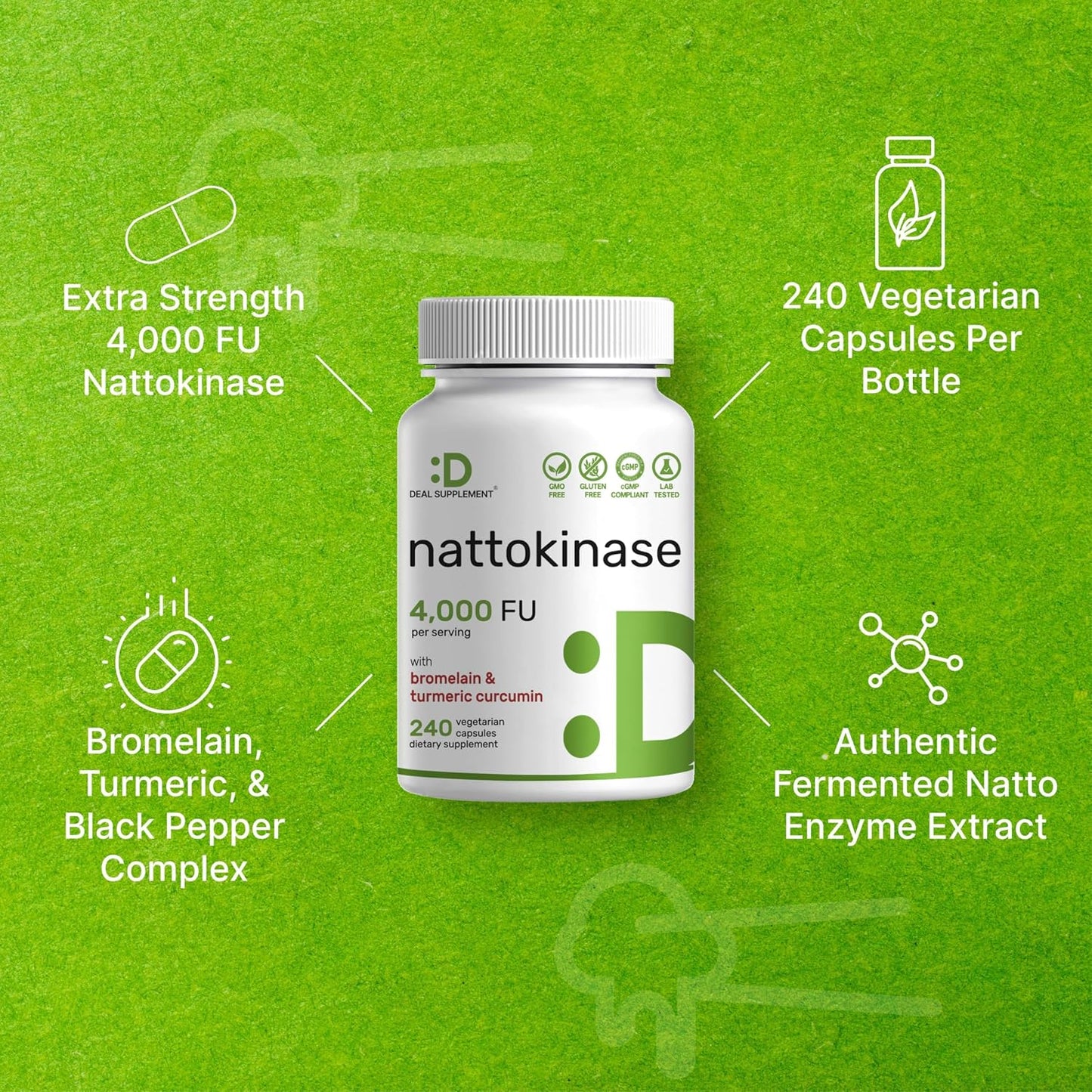 Nattokinase Supplement 4000 FU with Bromelain, Turmeric & Black Pepper – Digestive Enzymes & Heart Health – 240 Veggie Capsules - görsel 4